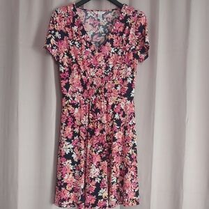London Times Pink and Black Floral Dress, Short Sleeve, Smocked Waist, Stretchy